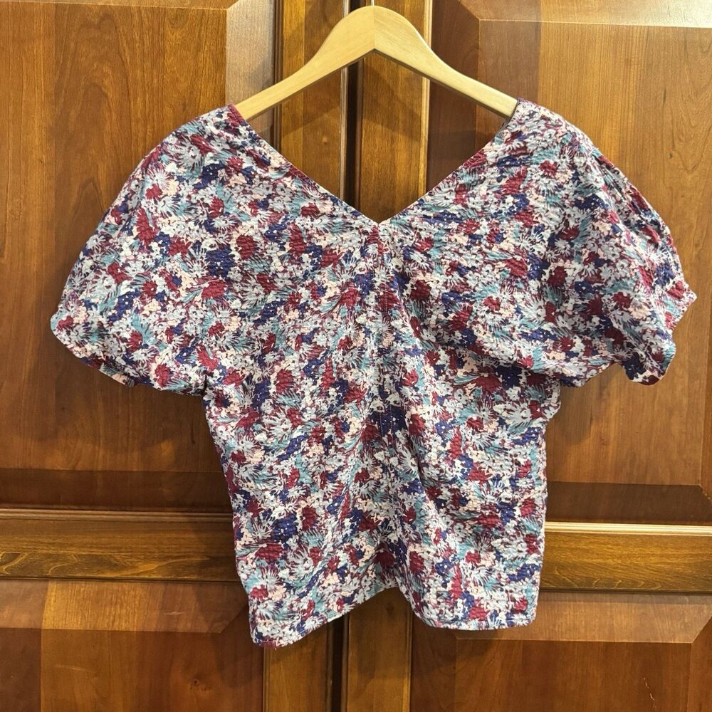 Madewell Floral Seersucker Short Sleeve Top Ruched Front Side Zip Size 6 - Picture 3 of 10